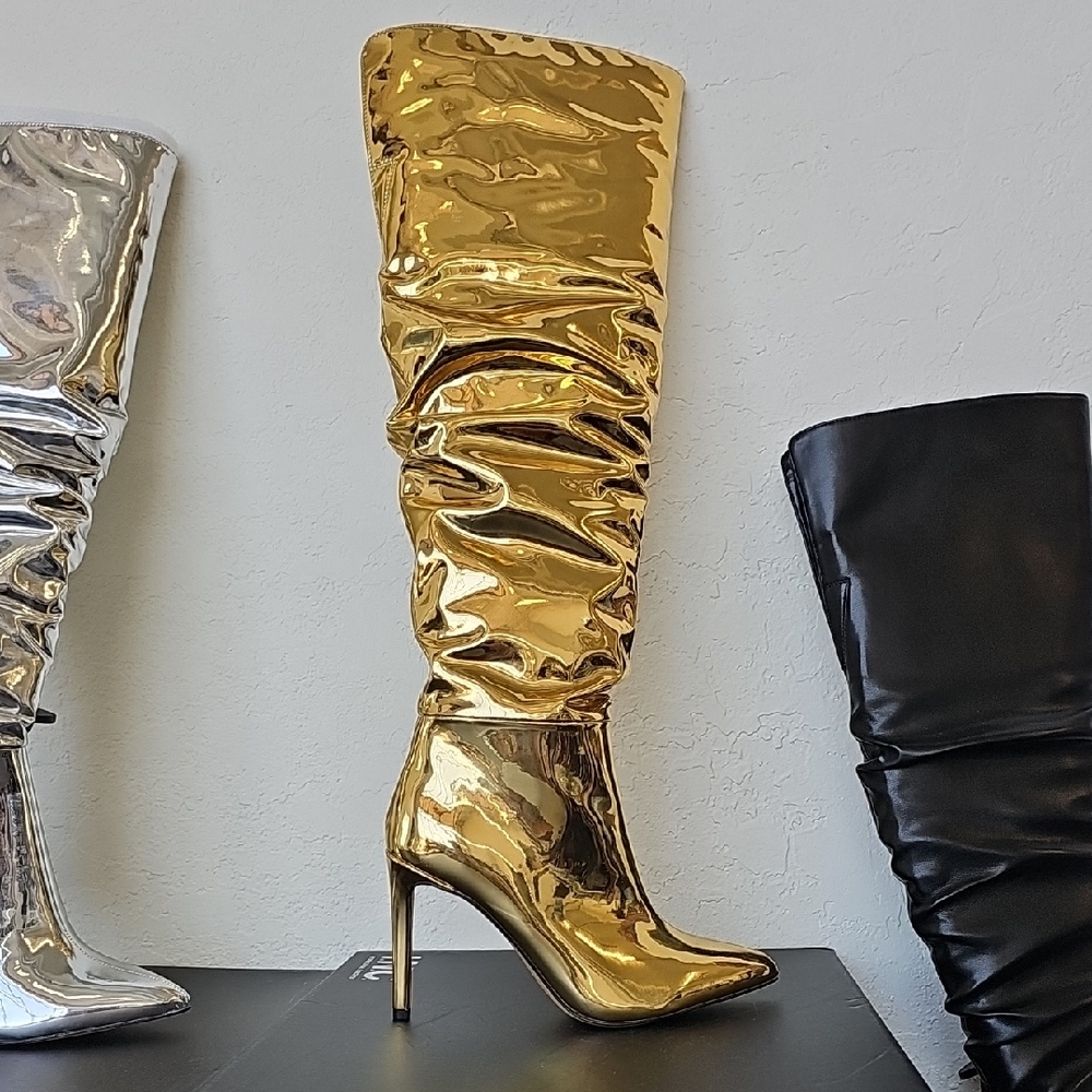 INC International Concepts Womens Gold Over-the-Knee Patent Stiletto Boots